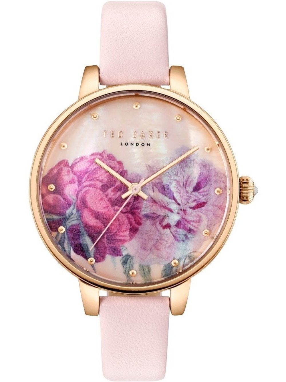 Ted Baker Rose-Print Mother-of-Pearl Dial Pink Leather Strap Watch TE50005029